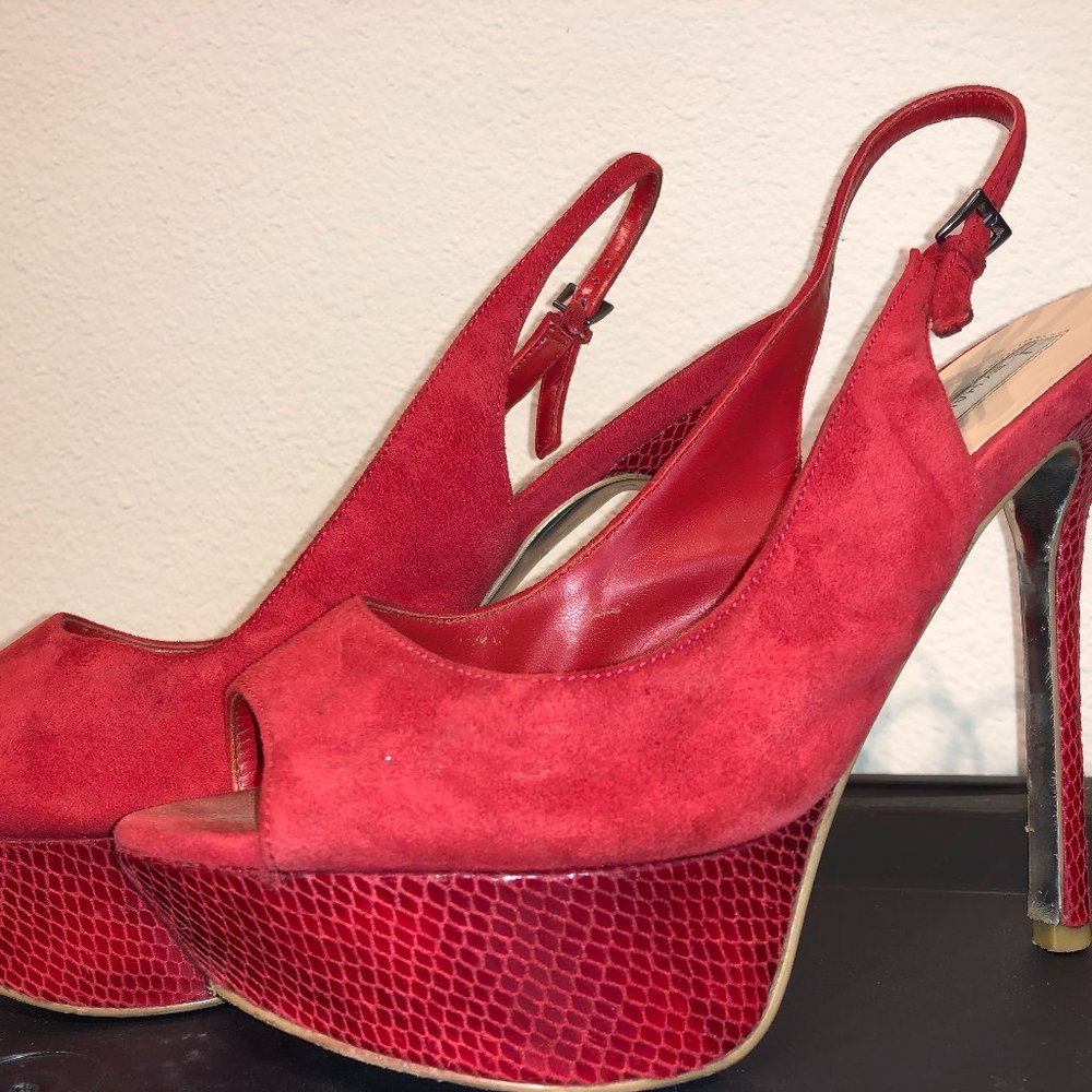 Halston Red Platform Peep Toe Pumps - image 2